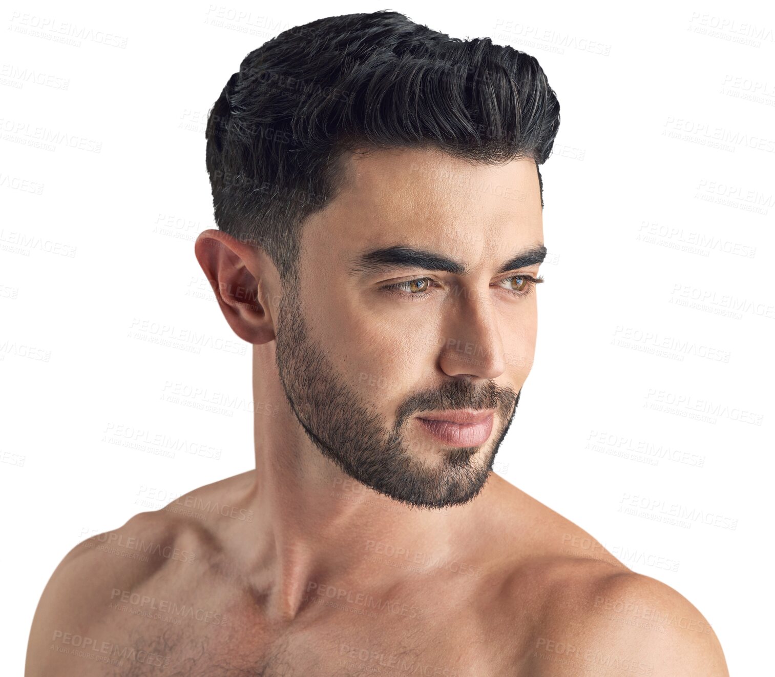 Buy stock photo Face, health and skin care of a man isolated on a transparent, png background. Dermatology, cosmetics and Arab person or aesthetic male model natural glow, beauty and facial hair for wellness results