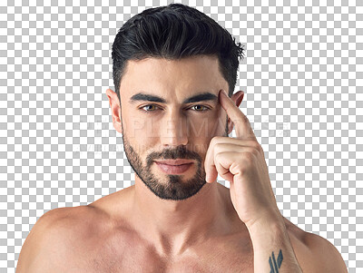 Buy stock photo Face, skincare and serious man isolated on a transparent png background. Portrait, natural beauty and male model with cosmetics in spa facial treatment for wellness, aesthetic and smooth healthy skin