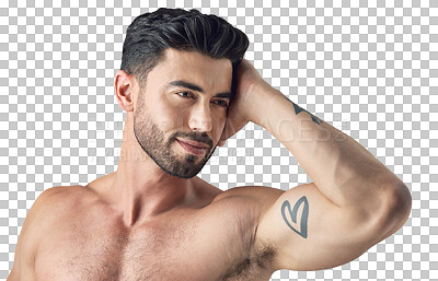Buy stock photo Sexy, man and hand in hair with confidence, natural beauty or clean haircut from barber on transparent, isolated or png background. Muscular model, face and care for grooming, beard or skincare