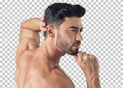 Buy stock photo Skincare, man pose for health wellness and isolated against a transparent png background. Beauty cosmetics or cosmetology, selfcare or skin treatment and young male person posing for wellbeing