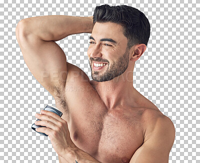 Buy stock photo Deodorant, armpit and happy man isolated on a transparent png background. Roll on, underarm and male model with product, fragrance and cosmetics for grooming, wellness and fresh scent for body care.