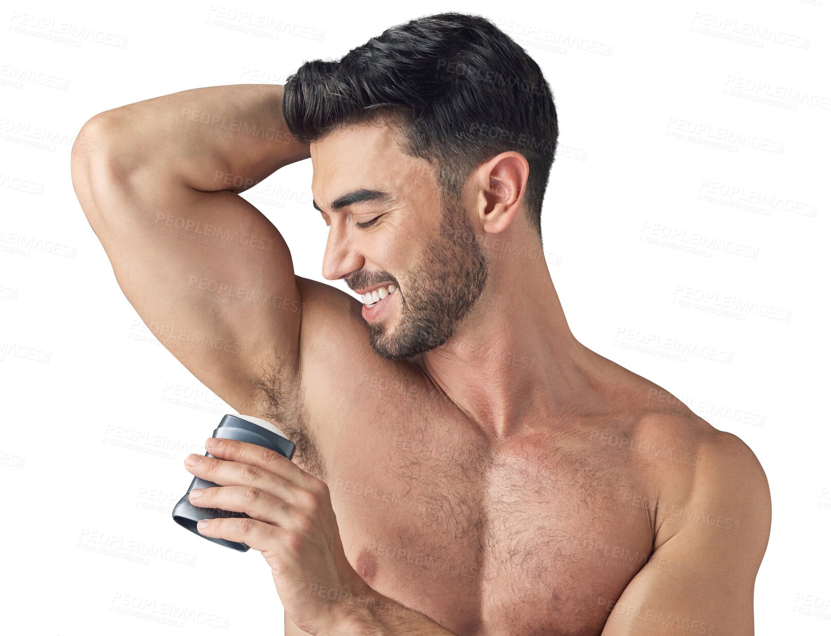 Buy stock photo Armpit, deodorant and smile of man isolated on a transparent png background. Roll on, underarm and male model with product, fragrance and cosmetics for grooming, wellness or fresh scent for body care