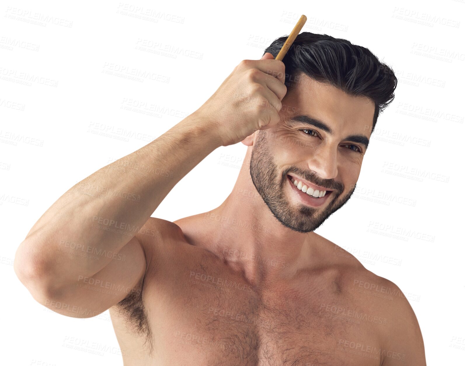 Buy stock photo Hair, care and face of happy man with comb isolated on transparent, png background. Barber, cosmetics and Arab person or aesthetic model with hairstyle growth, beauty and grooming or wellness results