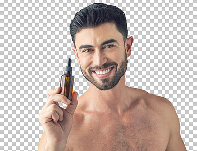Buy stock photo Portrait, beauty or happy man with oil serum for skincare isolated on transparent png background. Dermatology, smile or handsome person with facial glow, product or cosmetics for wellness or acne