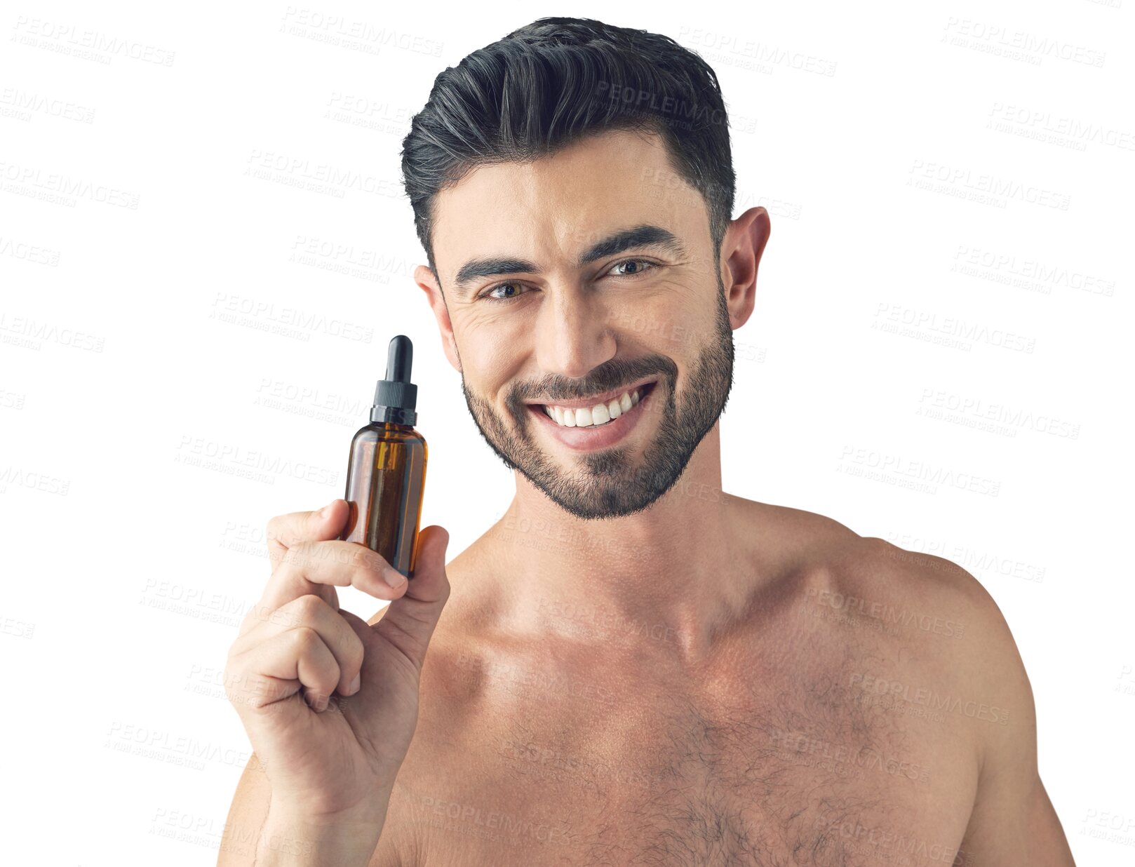 Buy stock photo Portrait, beauty or happy man with oil serum for skincare isolated on transparent png background. Dermatology, smile or handsome person with facial glow, product or cosmetics for wellness or acne