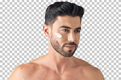 Buy stock photo Thinking, beauty or man with face cream for skincare isolated on transparent png background. Dermatology product, wonder or handsome male person with facial glow, lotion creme cosmetics or wellness 