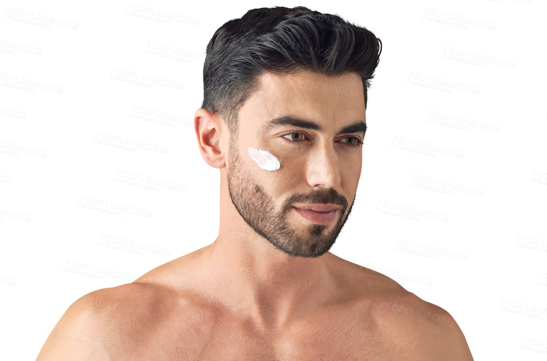 Buy stock photo Thinking, beauty or man with face cream for skincare isolated on transparent png background. Dermatology product, wonder or handsome male person with facial glow, lotion creme cosmetics or wellness 