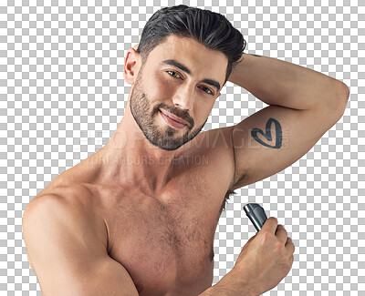 Buy stock photo Armpit, deodorant and face of man isolated on a transparent png background. Antiperspirant, underarm and portrait of model with product, perfume or cosmetics for grooming, wellness and body care.