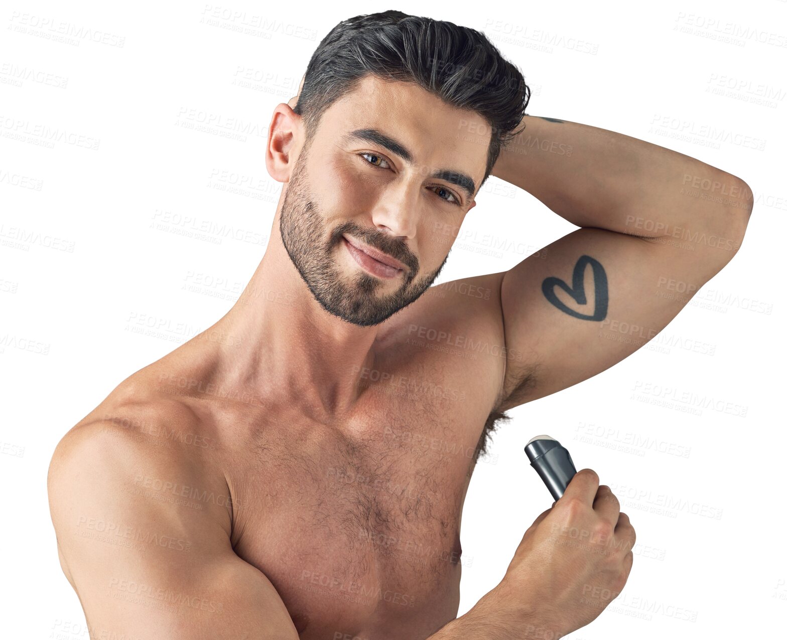 Buy stock photo Armpit, deodorant and face of man isolated on a transparent png background. Antiperspirant, underarm and portrait of model with product, perfume or cosmetics for grooming, wellness and body care.