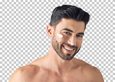 Buy stock photo Portrait, beauty or happy man with face cream for skincare isolated on transparent png background. Dermatology product, smile or handsome person with facial glow, lotion creme cosmetics or wellness 