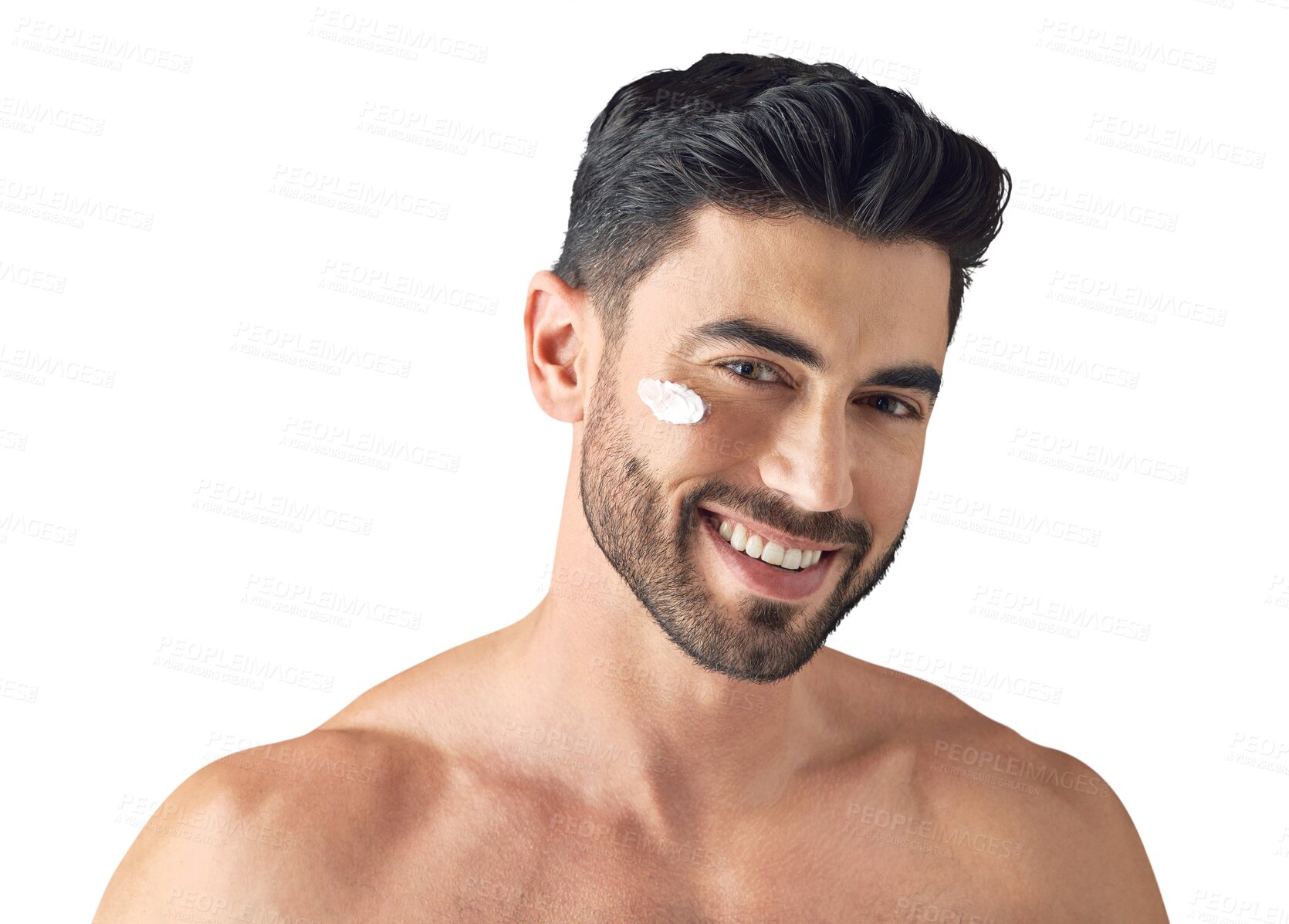 Buy stock photo Portrait, beauty or happy man with face cream for skincare isolated on transparent png background. Dermatology product, smile or handsome person with facial glow, lotion creme cosmetics or wellness 