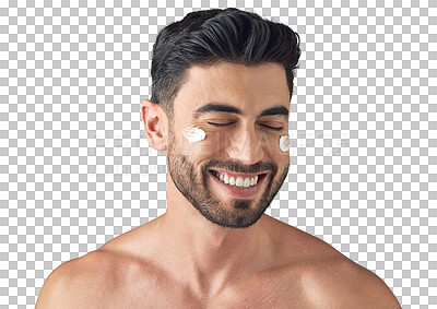 Buy stock photo Happy man, face cream and smile for facial skincare isolated on a transparent PNG background. Male person smiling for beauty cosmetics, lotion or moisturizing creme in skin hydration or spa treatment