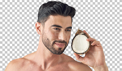 Buy stock photo Wellness, skincare or man with coconut for beauty or self love isolated on transparent png background. Thinking, face or person with fruit for oil, moisturizer or cosmetics for natural healthy glow
