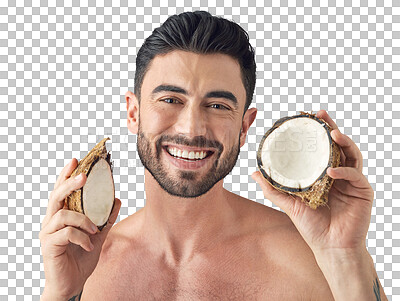 Buy stock photo Portrait, skincare or happy man with coconut for face isolated on a transparent png background. Smile, wellness or male person with fruit for oil, moisturizer or cosmetics for natural healthy glow