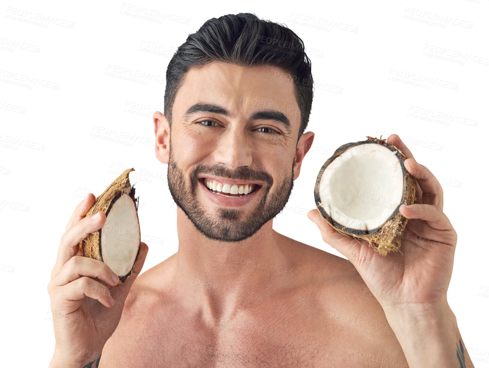 Buy stock photo Portrait, skincare or happy man with coconut for face isolated on a transparent png background. Smile, wellness or male person with fruit for oil, moisturizer or cosmetics for natural healthy glow