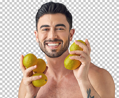 Buy stock photo Man, smile with lemon in portrait and beauty with natural product and fruit isolated on transparent background. Vitamin C, sustainable cosmetics and male model with skincare, citrus and dermatology