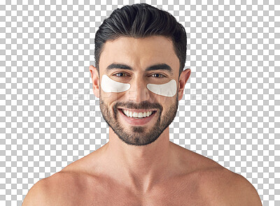 Buy stock photo Portrait, skincare or happy man with eye patch isolated on transparent png background for wellness. Face, dermatology or guy smiling with cosmetics, facial beauty or mask product for healthy skin