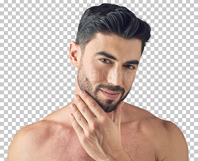 Buy stock photo Thinking, skincare or man with beauty, self love or confidence isolated on transparent png background. Dermatology face transformation, wonder or handsome male person with facial glow with wellness