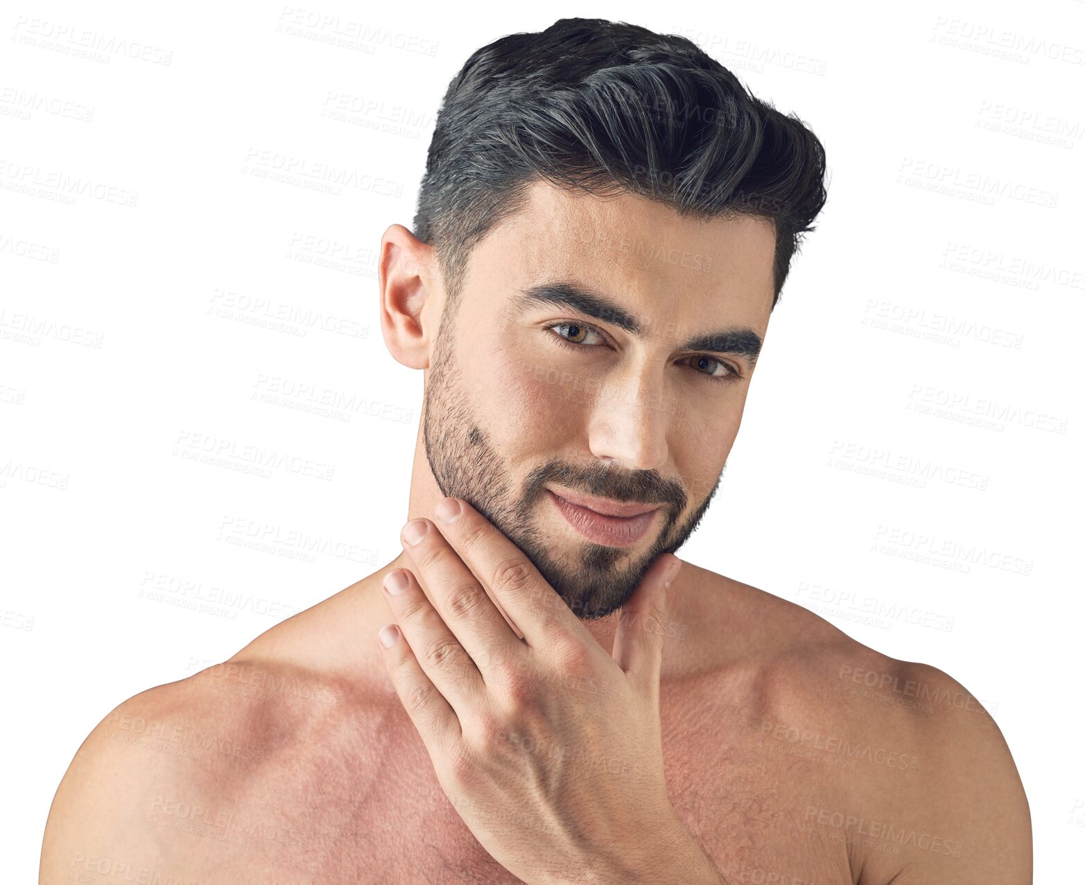 Buy stock photo Thinking, skincare or man with beauty, self love or confidence isolated on transparent png background. Dermatology face transformation, wonder or handsome male person with facial glow with wellness