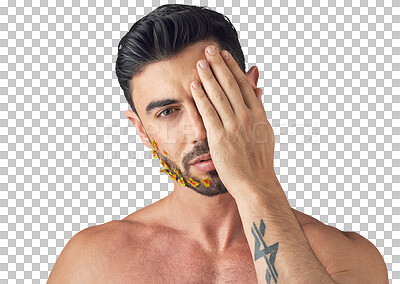 Buy stock photo Flowers, beard and man in portrait isolated on transparent png background for beauty, natural skincare and wellness. Hand, cover and art facial of young person with floral on face for cleaning