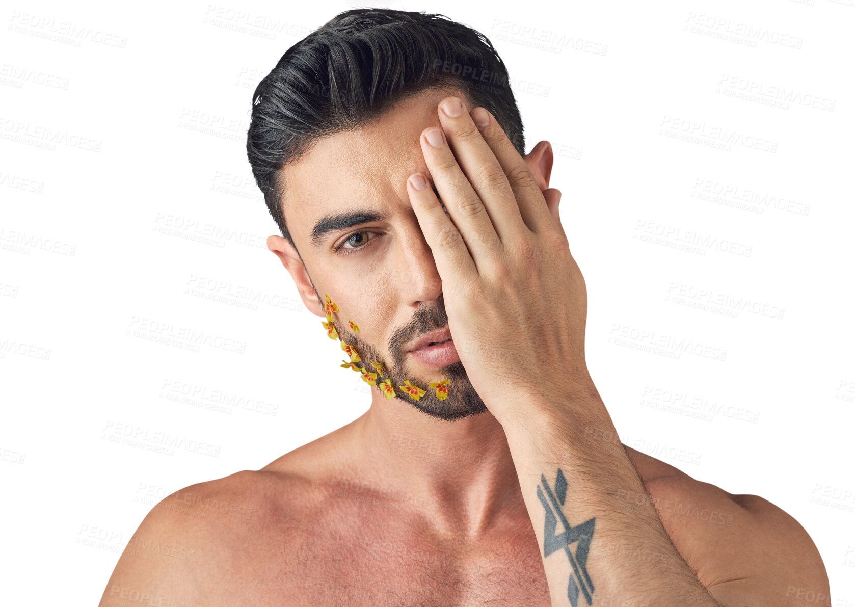 Buy stock photo Flowers, beard and man in portrait isolated on transparent png background for beauty, natural skincare and wellness. Hand, cover and art facial of young person with floral on face for cleaning