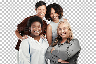 Buy stock photo Happy women, diversity and portrait in business unity for leadership isolated on a transparent PNG background. Group of diverse corporate woman employees standing in confidence for team management