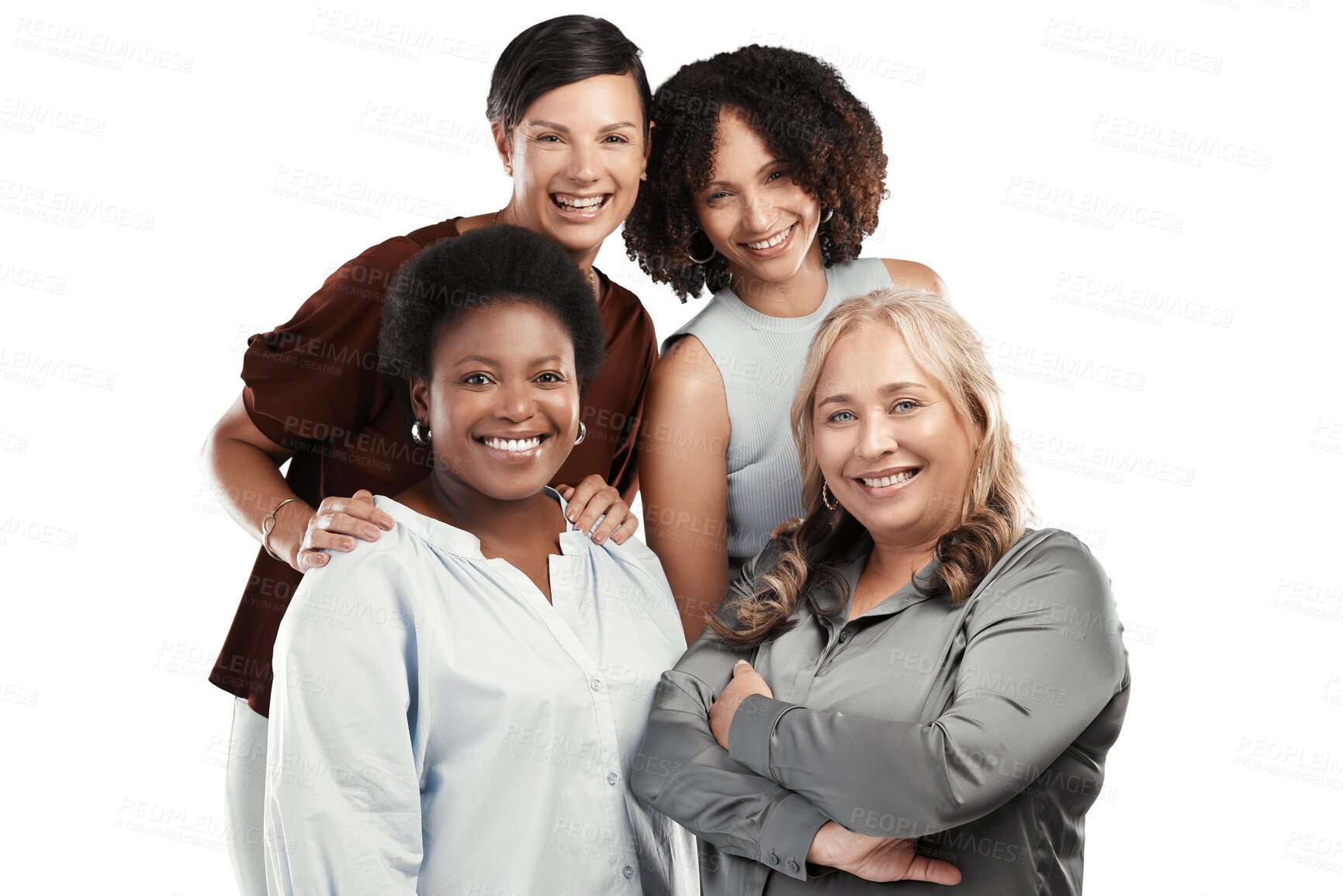 Buy stock photo Happy women, diversity and portrait in business unity for leadership isolated on a transparent PNG background. Group of diverse corporate woman employees standing in confidence for team management