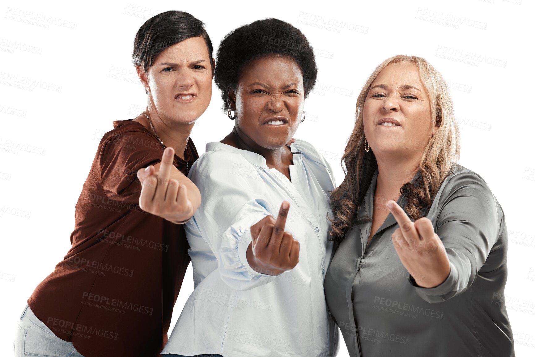 Buy stock photo Middle finger, portrait and angry women for solidarity, conflict, problem or business frustration. Group of people anger, diversity and rude or frustrated emoji isolated on transparent png background