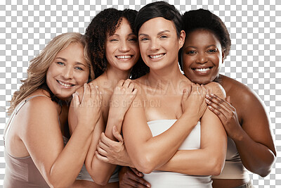 Buy stock photo Skincare, beauty and portrait of female friends with diversity, girl empowerment and support. Smile, self care and group of multiracial women with face routine isolated by transparent png background.