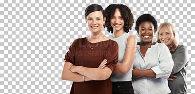 Buy stock photo Happy woman, diversity and portrait of business team with arms crossed isolated on a transparent PNG background. Group of diverse creative women standing in confidence for team leadership or startup