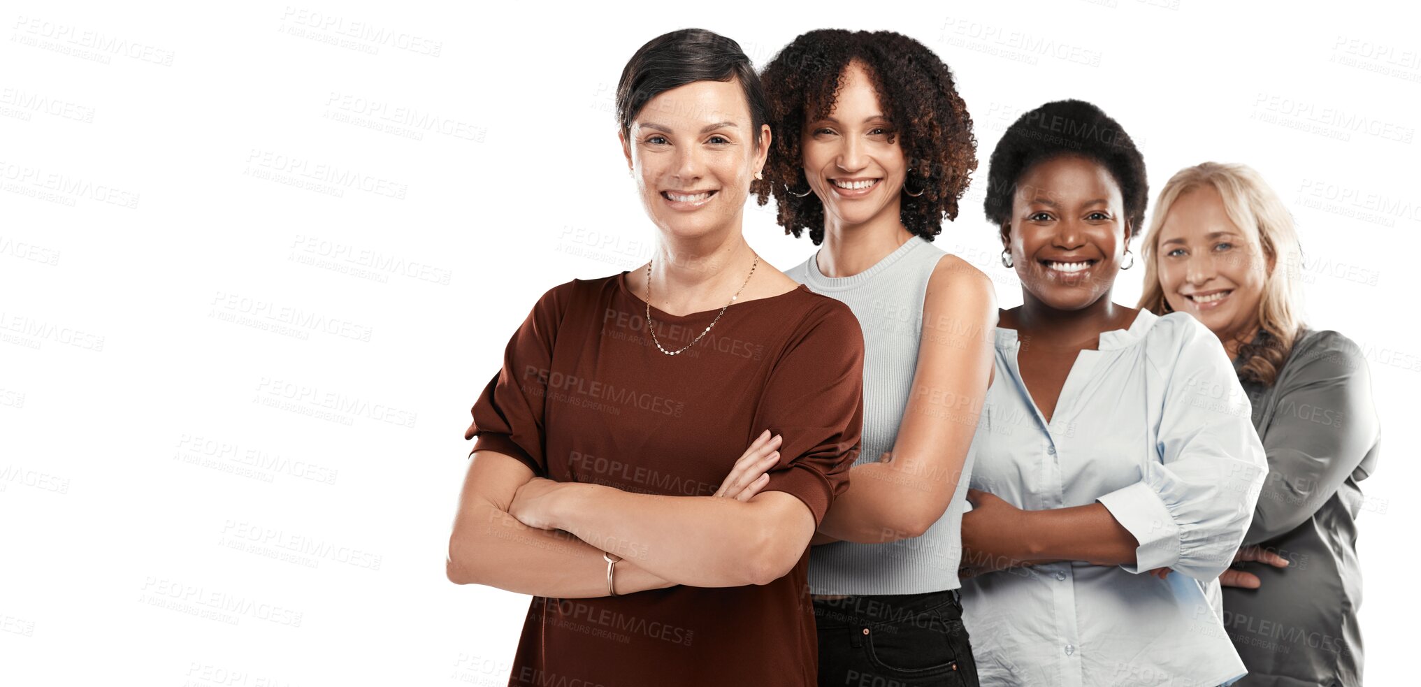 Buy stock photo Happy woman, diversity and portrait of business team with arms crossed isolated on a transparent PNG background. Group of diverse creative women standing in confidence for team leadership or startup