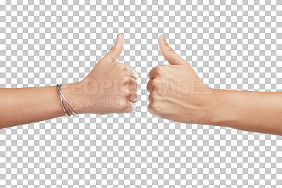 Buy stock photo People, hands and thumbs up for winning, success or good job isolated on a transparent PNG background. Thumb emoji, hand sign or yes and like for agreement, partnership or team approval and thank you