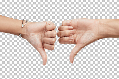 Buy stock photo Thumbs down, vote and hands for dislike, reviews and negative or unhappy sign. Wrong, nope and bad or fail emoji with woman or people hand zoom for voting isolated on transparent, png background