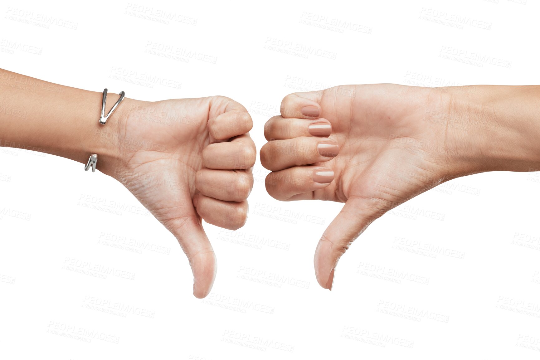 Buy stock photo Thumbs down, vote and hands for dislike, reviews and negative or unhappy sign. Wrong, nope and bad or fail emoji with woman or people hand zoom for voting isolated on transparent, png background