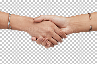 Buy stock photo Woman, handshake and meeting in partnership for deal isolated on a transparent PNG background. People or women shaking hands for trust, agreement or team approval together in solidarity for teamwork