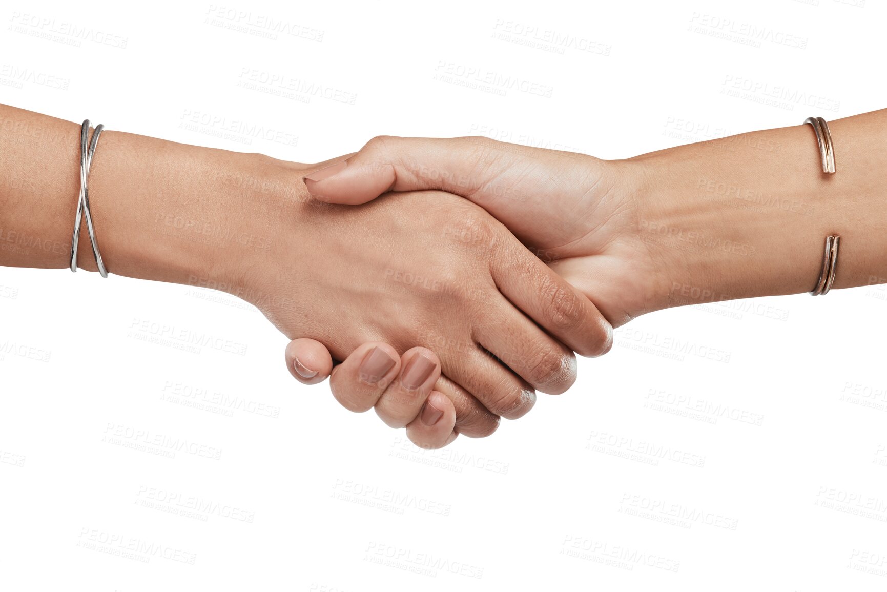 Buy stock photo Woman, handshake and meeting in partnership for deal isolated on a transparent PNG background. People or women shaking hands for trust, agreement or team approval together in solidarity for teamwork