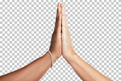 Buy stock photo Woman, high five and meeting in partnership, teamwork or unity isolated on a transparent PNG background. People touching hands for trust, agreement or team celebration together for support motivation