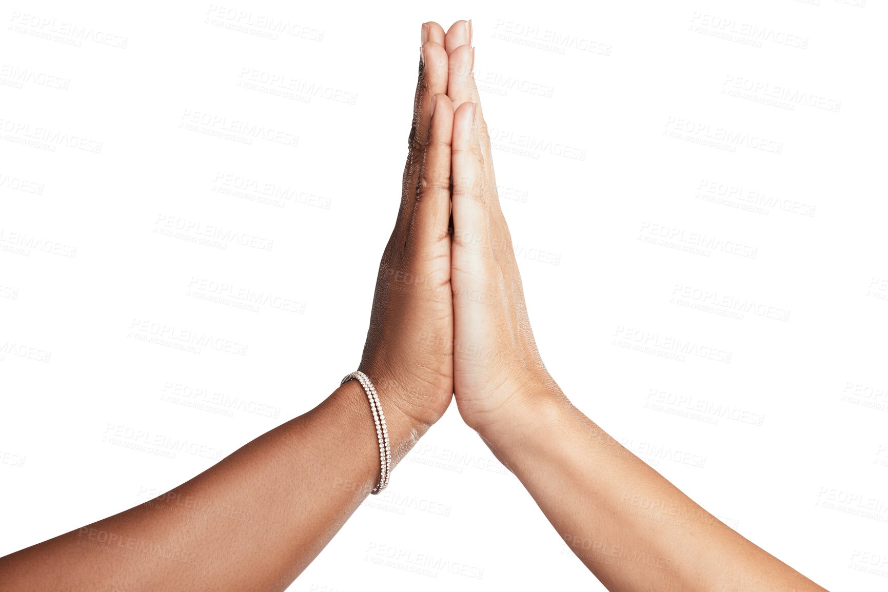 Buy stock photo Woman, high five and meeting in partnership, teamwork or unity isolated on a transparent PNG background. People touching hands for trust, agreement or team celebration together for support motivation