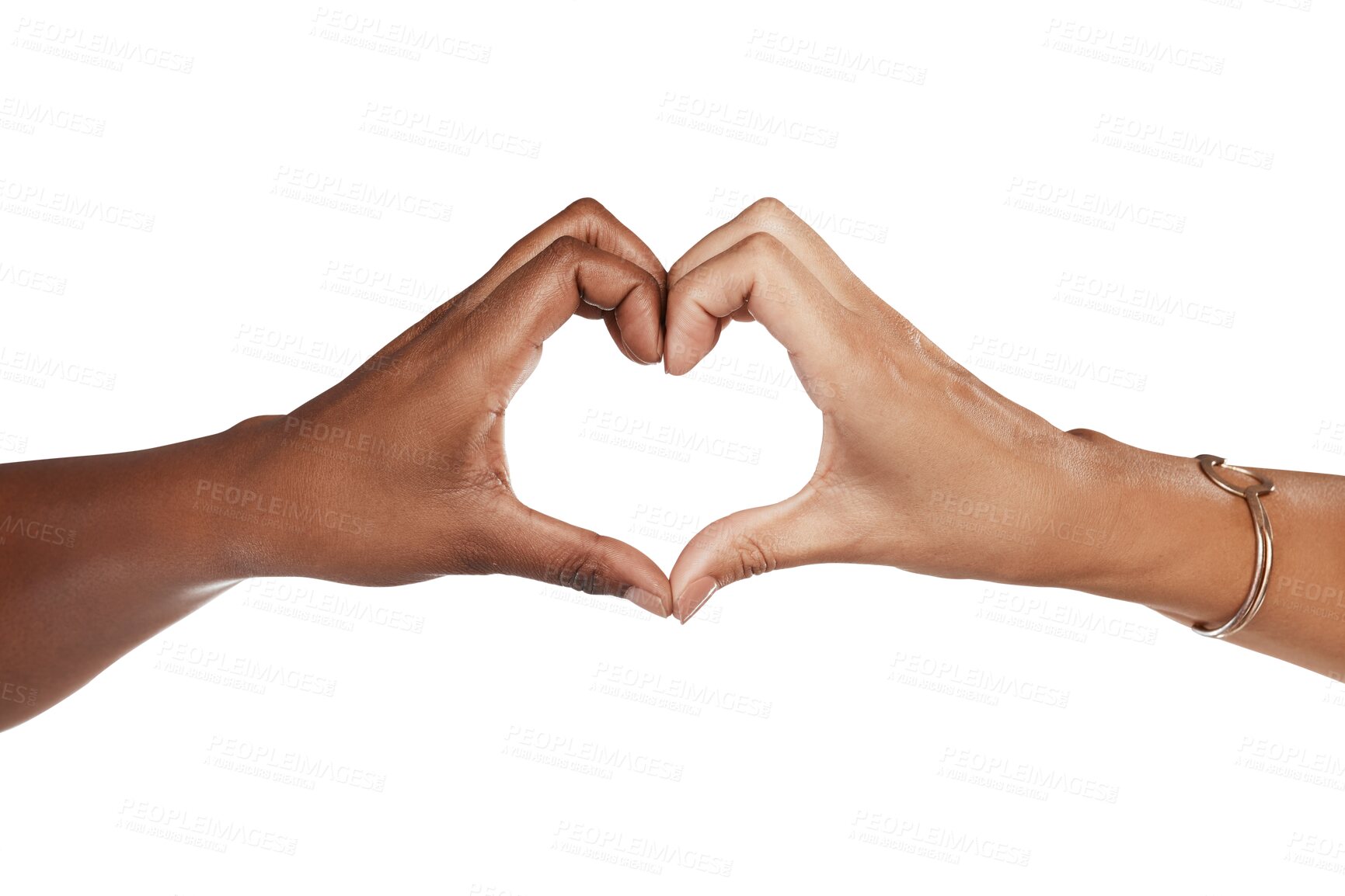 Buy stock photo People, diversity and hands in heart emoji for love and support isolated on a transparent PNG background. Hand of women touching with loving sign, symbol or gesture in care, trust or passion together