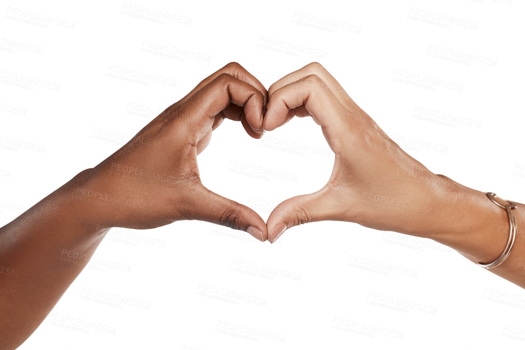 Buy stock photo Woman, diversity and hands in heart emoji for love and support isolated on a transparent PNG background. Hand of people touching with loving sign, symbol or gesture in care, trust or passion together