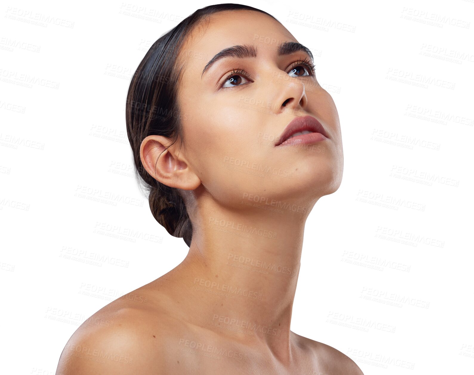 Buy stock photo Woman, face and beauty, makeup and skin with natural cosmetics isolated on transparent png background. Cosmetic care, spa treatment and facial, female model with anti aging skincare and dermatology