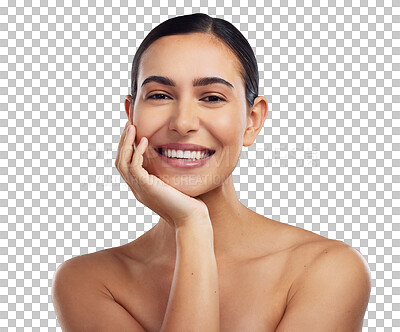 Buy stock photo Portrait, woman and smile with natural beauty, skincare and cosmetics for facial care on transparent, isolated or png background. Girl, hand on face and happy with skin, makeup or person at spa