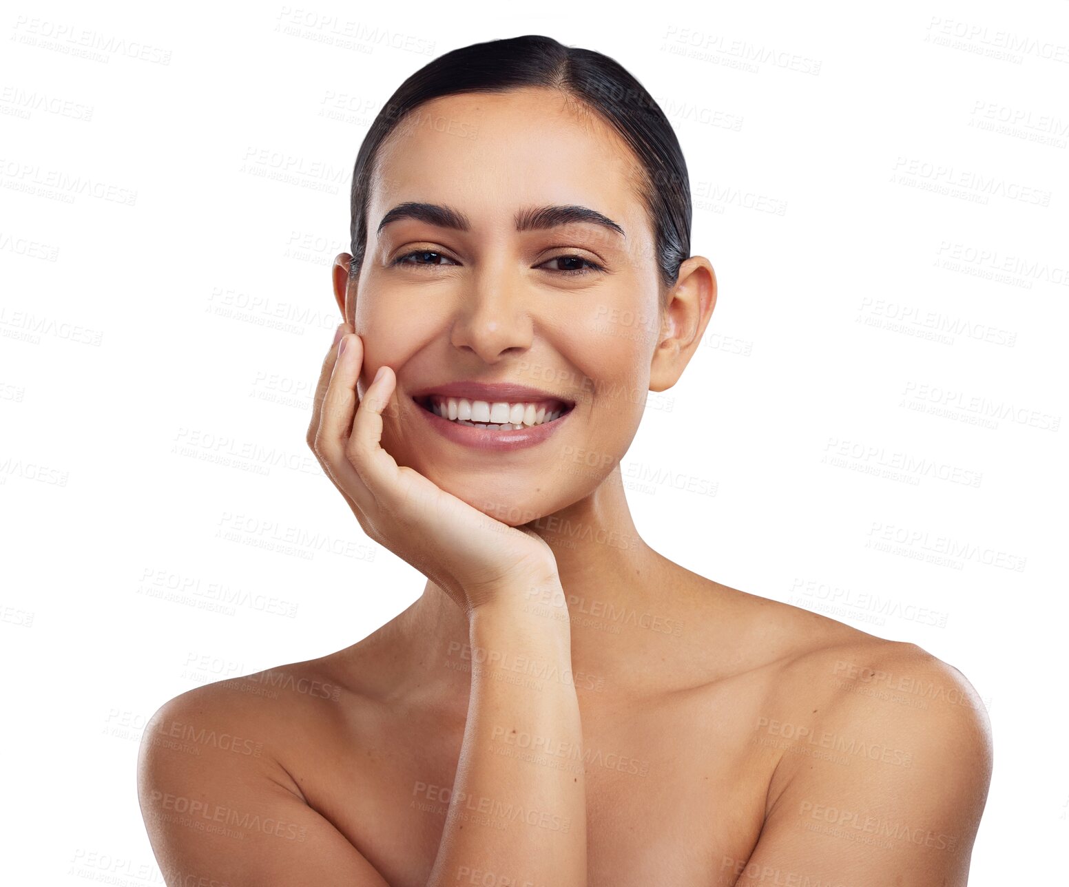Buy stock photo Portrait, woman and smile with natural beauty, skincare and cosmetics for facial care on transparent, isolated or png background. Girl, hand on face and happy with skin, makeup or person at spa