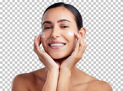 Buy stock photo Portrait, woman and hands with beauty cream, skincare and cosmetics, product or facial care on transparent, isolated or png background. Girl, lotion or moisturizer for skin or person smile at spa