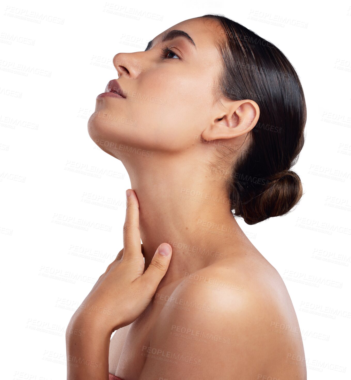 Buy stock photo Skincare, neck and woman profile isolated on transparent png background for beauty ideas, cleaning and cosmetics. Thinking, inspiration and model or person with body care, wellness and dermatology