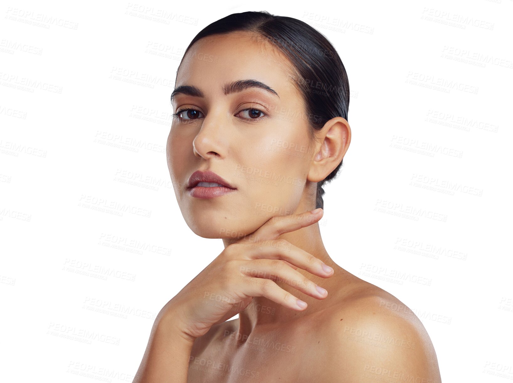 Buy stock photo Woman, touching face and beauty, makeup in portrait with natural cosmetics isolated on transparent png background. Cosmetic care, skin and facial glow, female model with skincare and dermatology