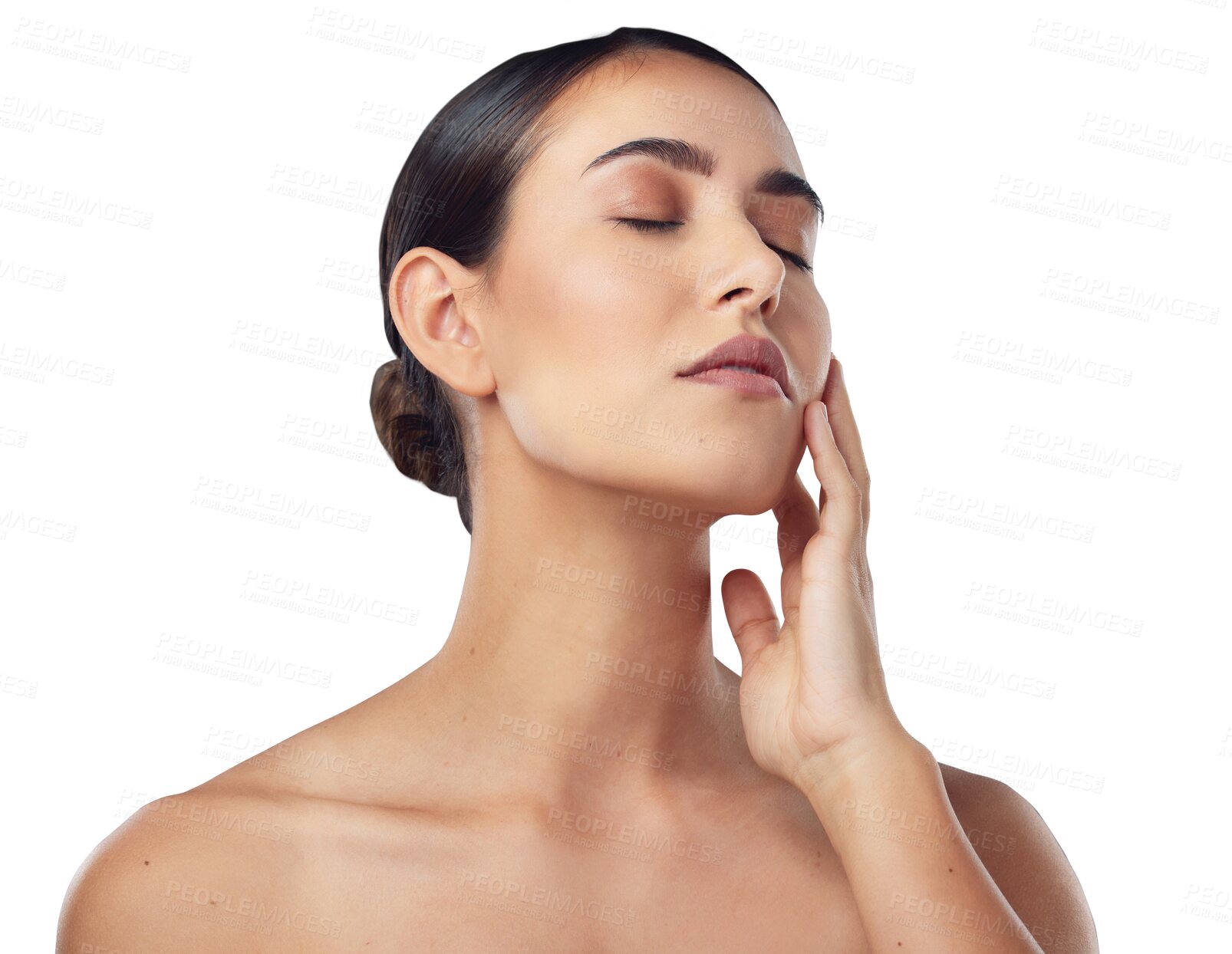 Buy stock photo Skincare, facial and woman thinking or sleeping isolated on transparent png background for beauty and cosmetics. Dreaming, inspiration and model or person with face, skincare wellness and dermatology