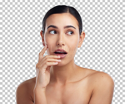 Buy stock photo Dermatology, beauty face and thinking with girl or skincare in png or isolated and transparent background. Facial care, natural and cosmetology with wellness and self love or cosmetics or glow.