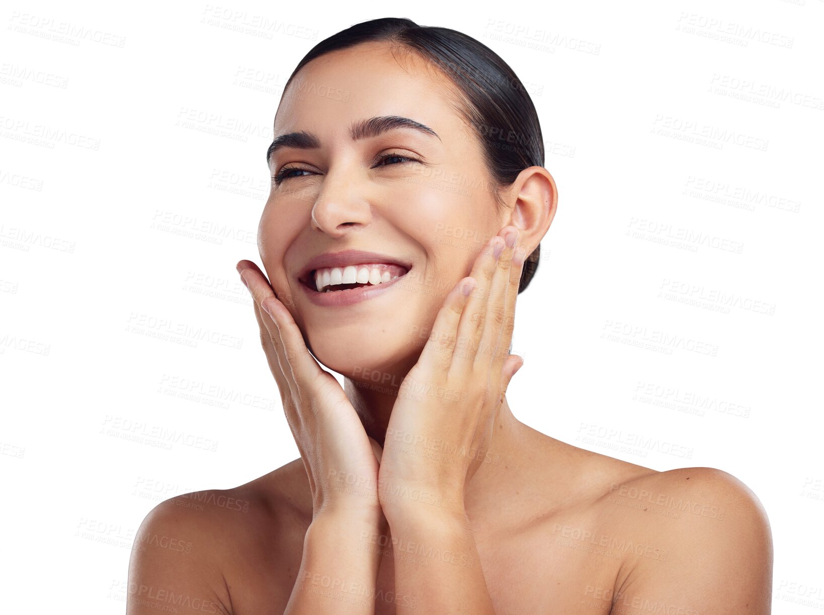 Buy stock photo Woman, hands on face and smile for beauty, skincare or cosmetics for facial care on transparent, isolated or png background. Girl, model and happy with skin, makeup or person at salon or spa