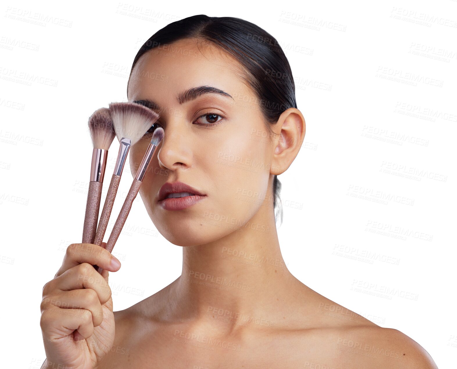 Buy stock photo Makeup, brushes and woman in portrait isolated on transparent png background for beauty or cosmetics. Skincare, creative and face of young model or person with cosmetic product for eyes or facial